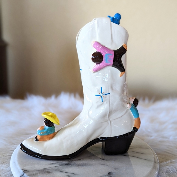 Storyteller Arts Hand Painted Figural Ceramic Cowboy Boot Bird Vase 11 in - Picture 4 of 12